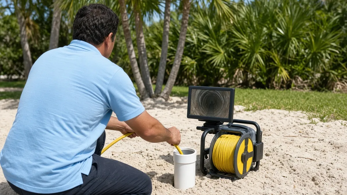 Plumber running a sewer camera through an outdoor cleanout during a sewer line inspection in Fort Walton Beach