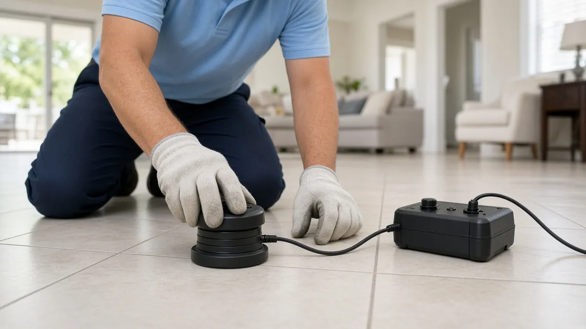Slab Leak Detection Plumber using acoustic leak-detection equipment to pinpoint a slab leak under a tile floor in Fort Walton Beach