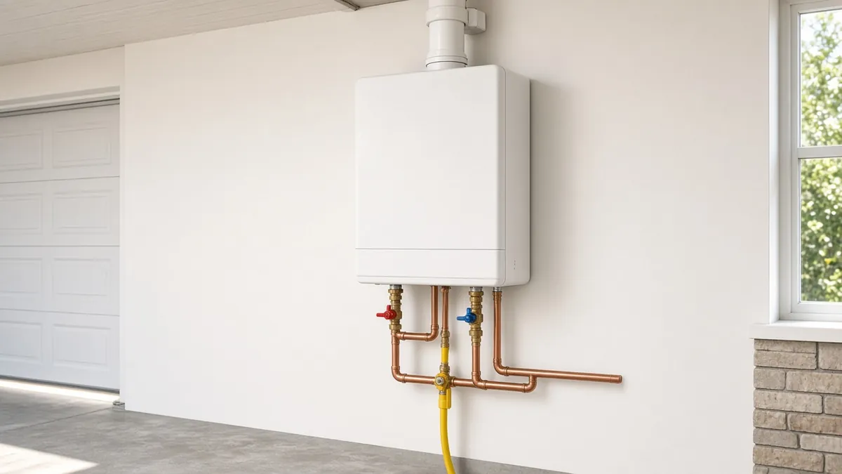 Newly installed wall-mounted tankless water heater with isolation valves in an Emerald Coast garage