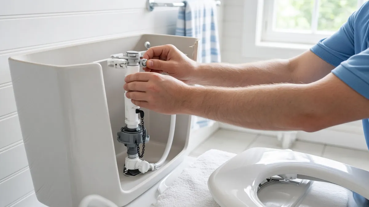 Toilet Repair Plumber replacing a toilet fill valve during a toilet repair in a Fort Walton Beach bathroom